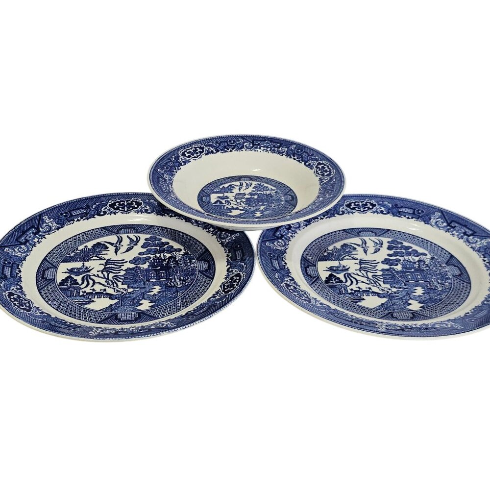 Royal USA Blue Willow Dinner Plates Salad Bowl lot Ironstone transferware Chinoi - Picture 10 of 13